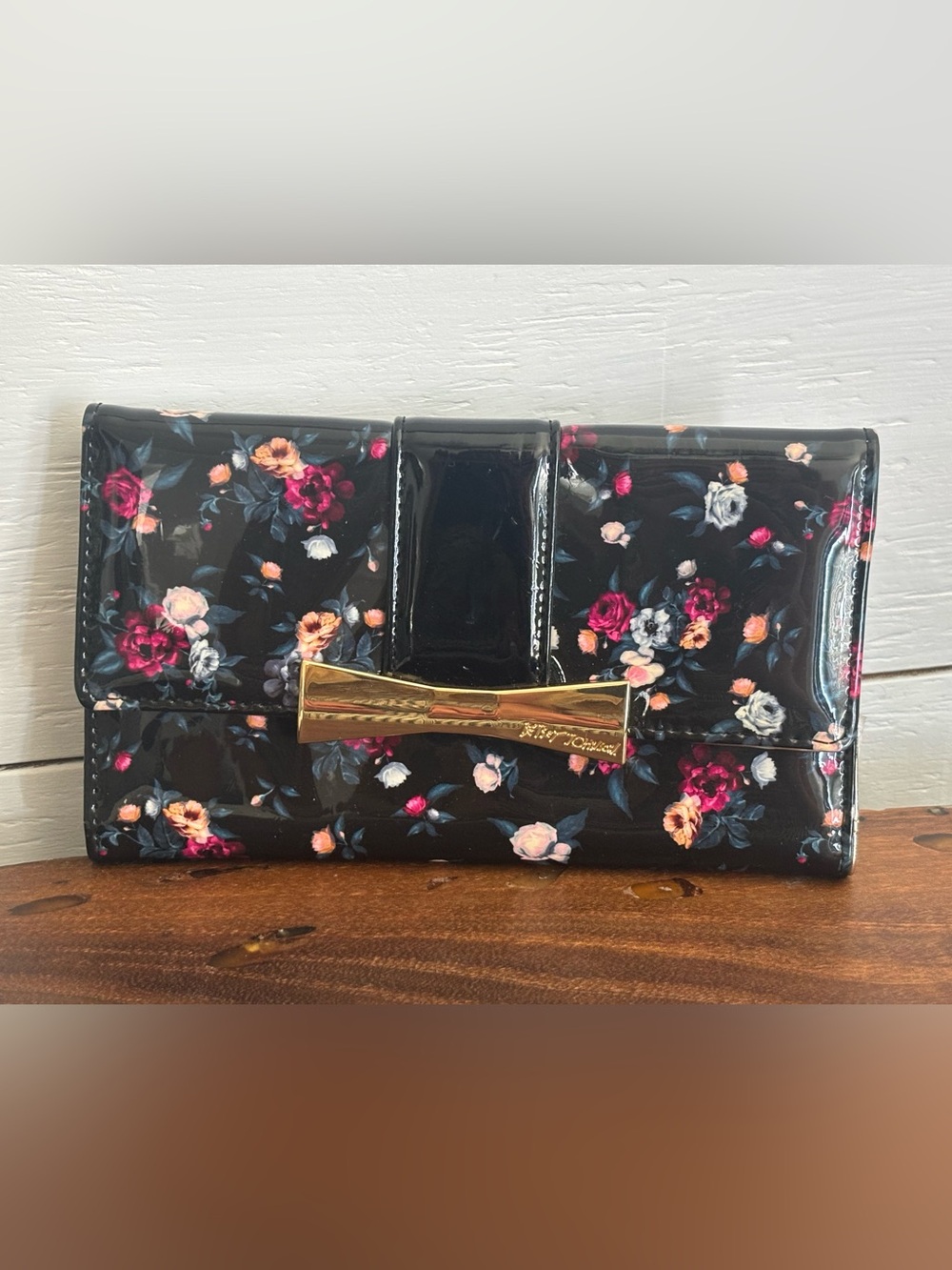 Betsey Johnson Black Floral Patent Bow Wallet with Gold Accent